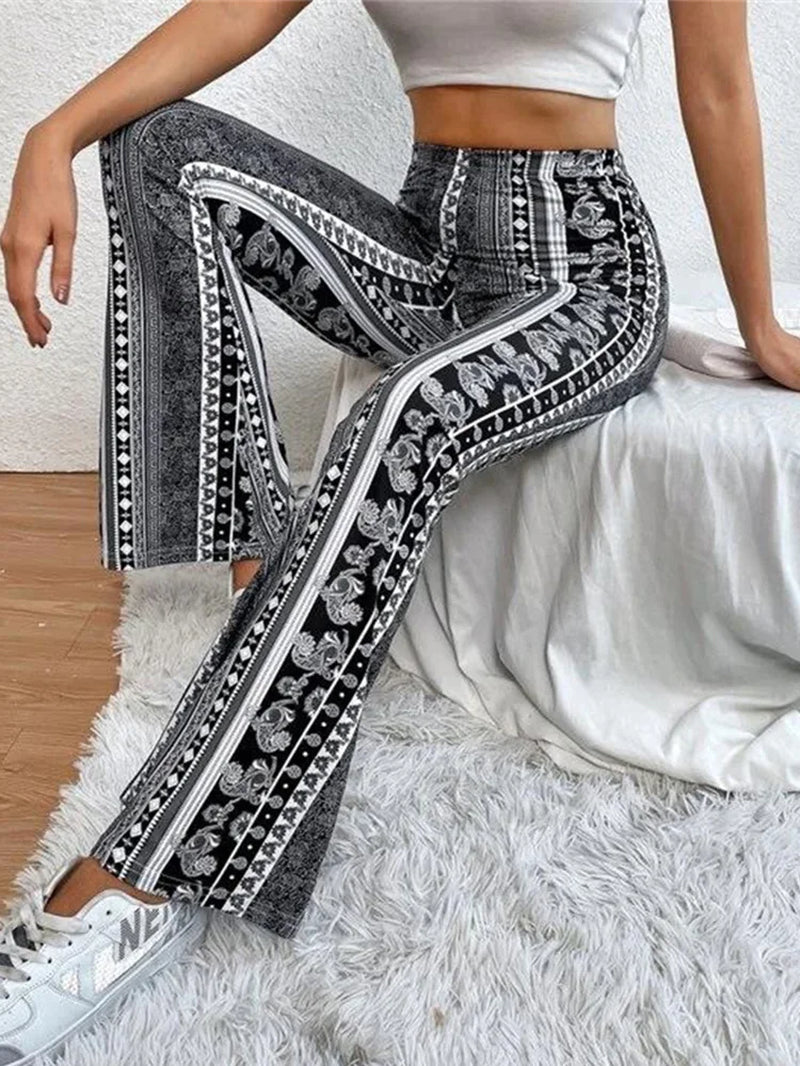 6 Colors Vintage Printed Bell Bottoms Women'S Tight Elastic Pants Summer Fashion Bohemian Flared Trousers